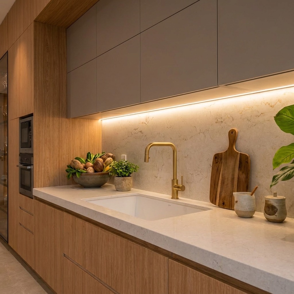 Detalhe de cozinha planejada com marcenaria amadeirada e torneira dourada