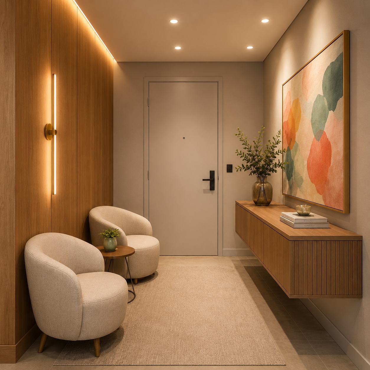 Hall de entrada com painel amadeirado iluminado e aparador ripado