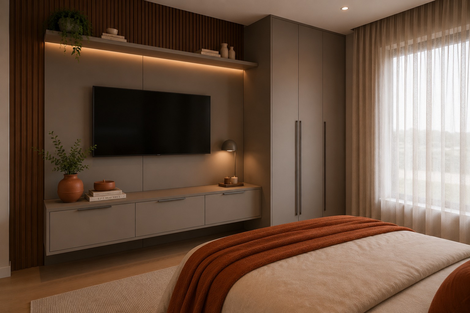 Quarto com rack suspenso, painel ripado e guarda-roupa em laca