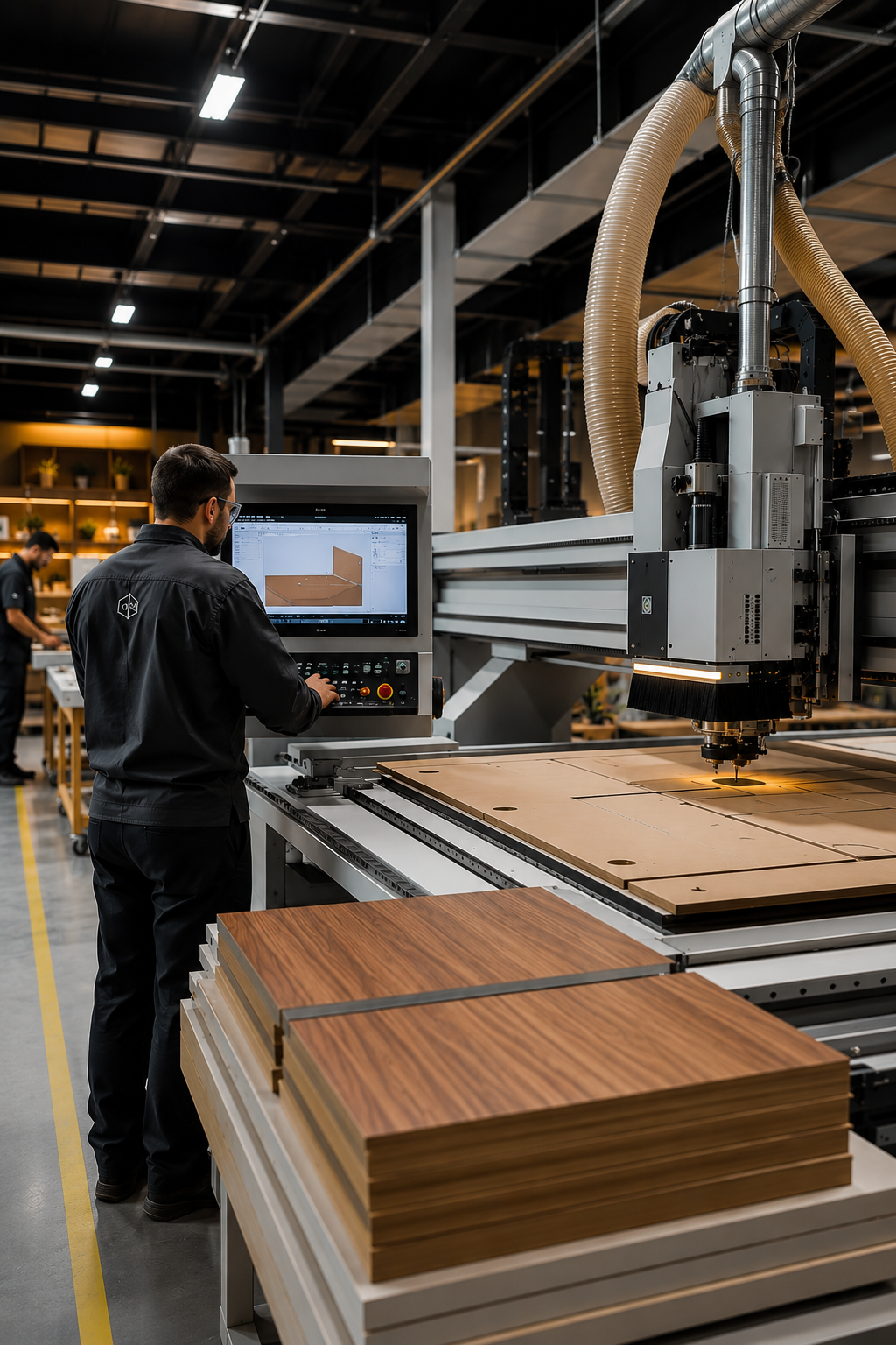 Equipe Perion Marcenaria operando máquina CNC de precisão