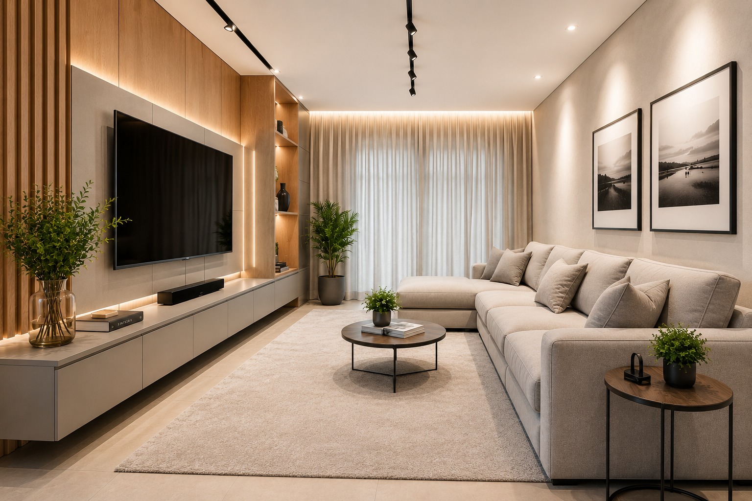 Sala de estar com painel ripado amadeirado e rack planejado com iluminação